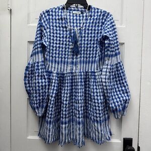 Hello Parry Blue White Textured Boho Mini Dress S